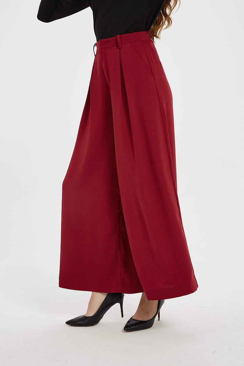 Tronjori Women High Waist Casual Wide Leg Long Palazzo Pants Trousers Regular Size(M, Dark Red) - Image 5